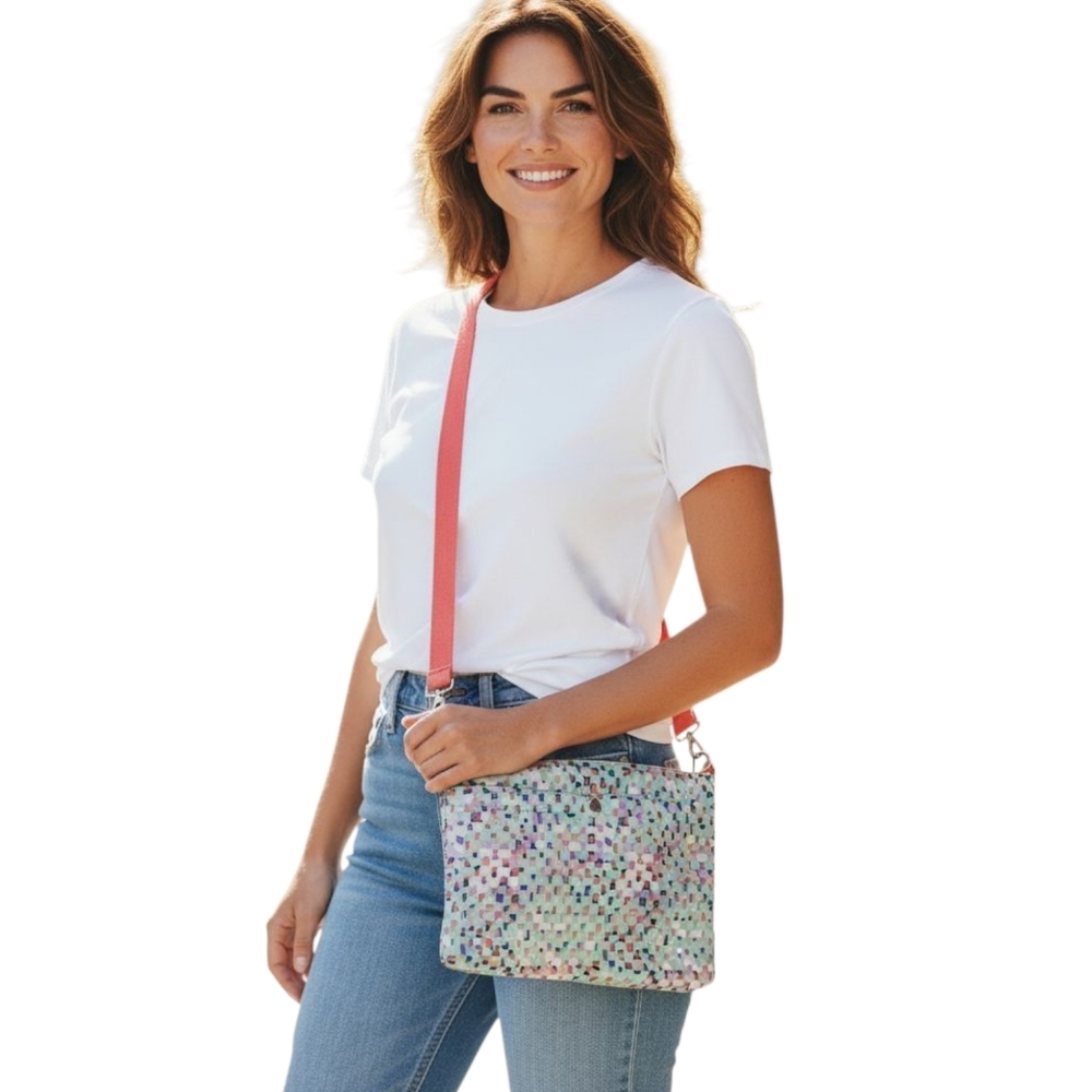 Fossil Keyper Crossbody Bag Geometric Pattern Mint Peach Nylon Travel Purse